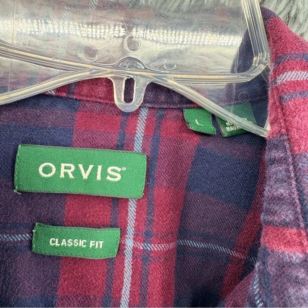 Orvis Flannel Shirt Mens Large Classic Fit Button Up Sangria Plaid Double Brush - Picture 2 of 8